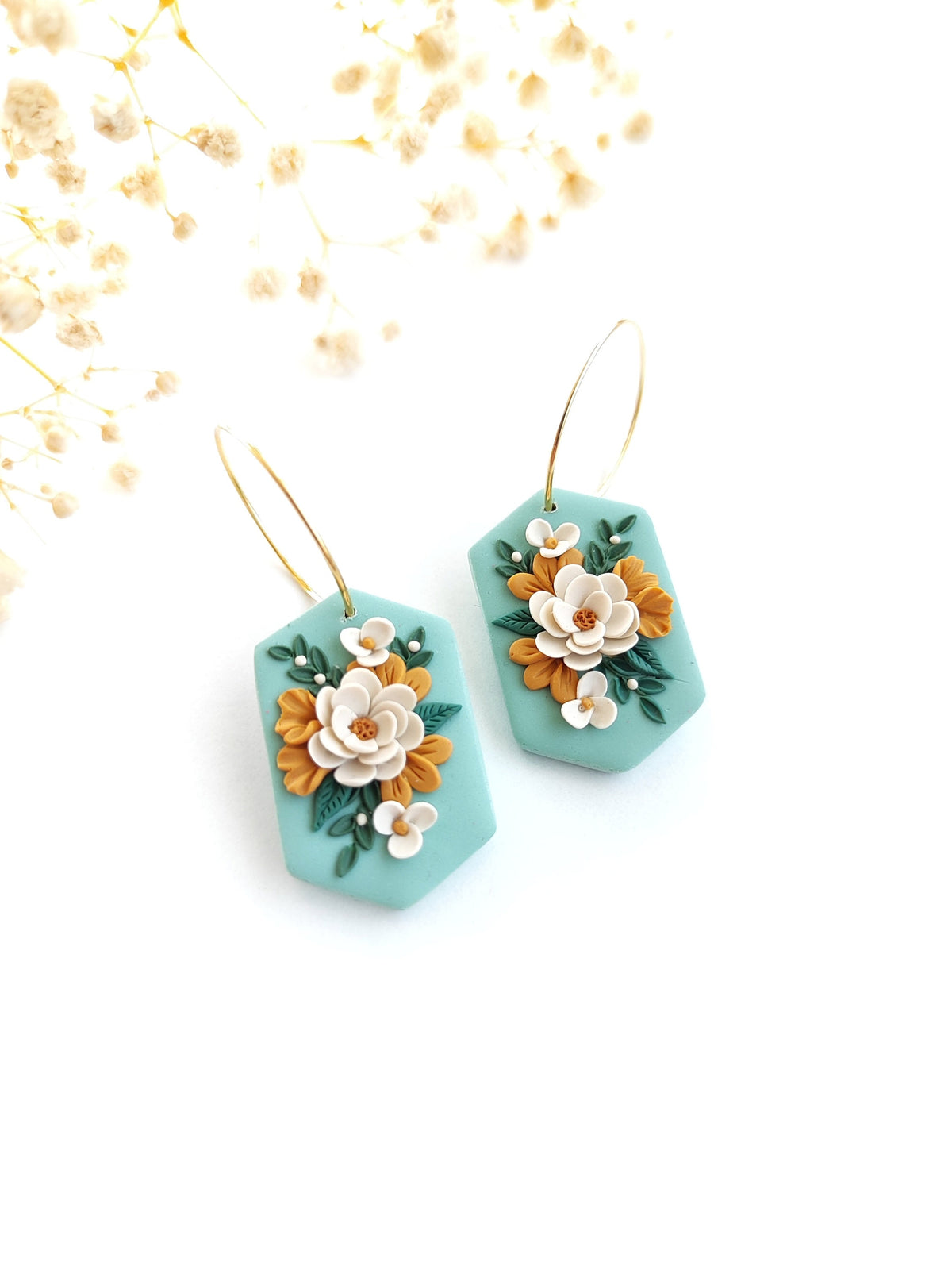 Handmade Floral Earrings , Mint Green 24K Gold Plated Hoops , Polymer Clay Jewelry