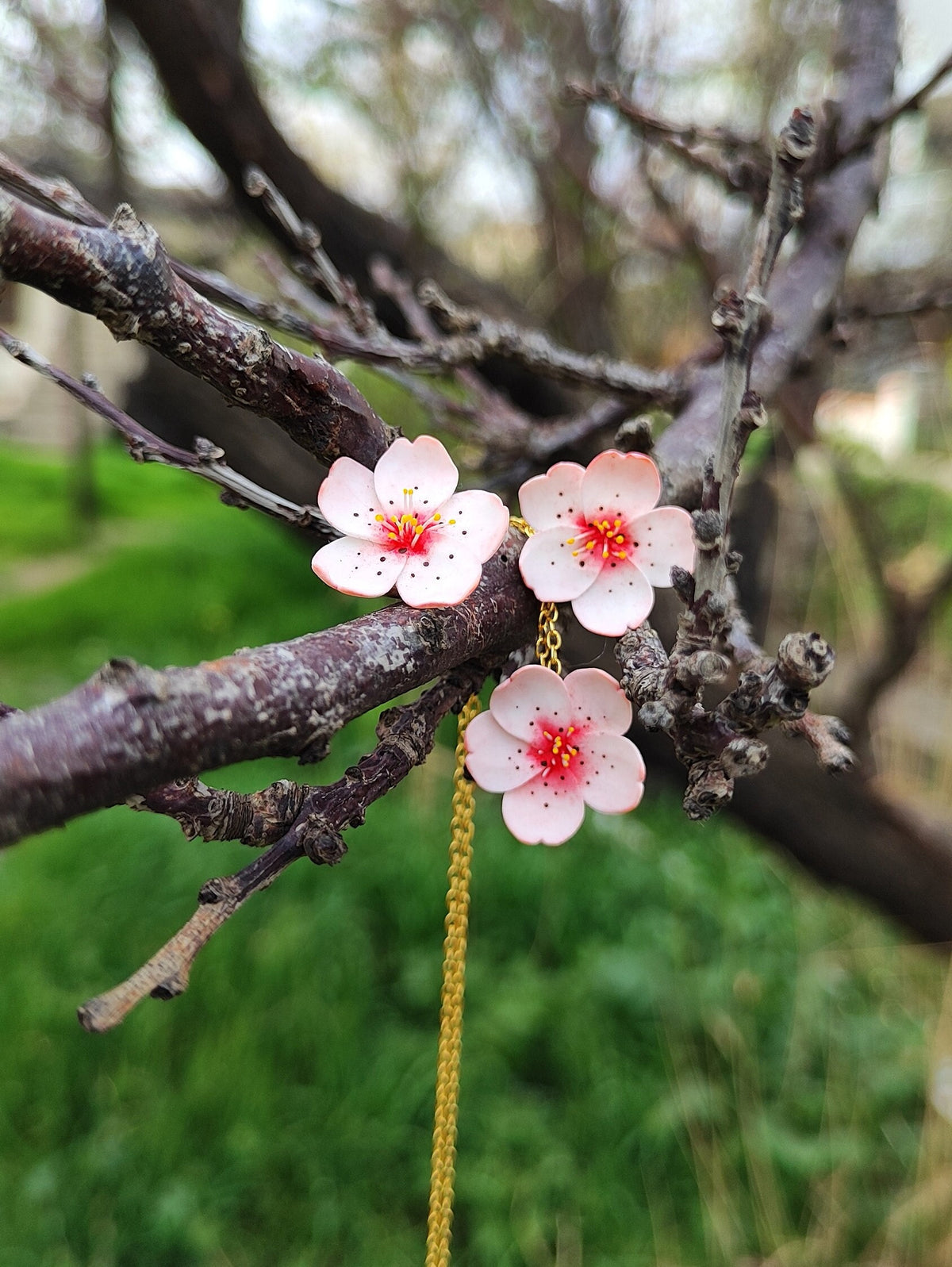 Handmade Polymer Clay Cherry Blossom Jewelry Set: Gold Plated Sakura Necklace & Stud Earrings