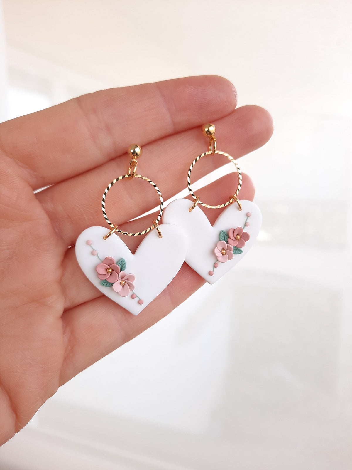 Floral Heart Dangle Earrings: Handmade Polymer Clay Jewelry