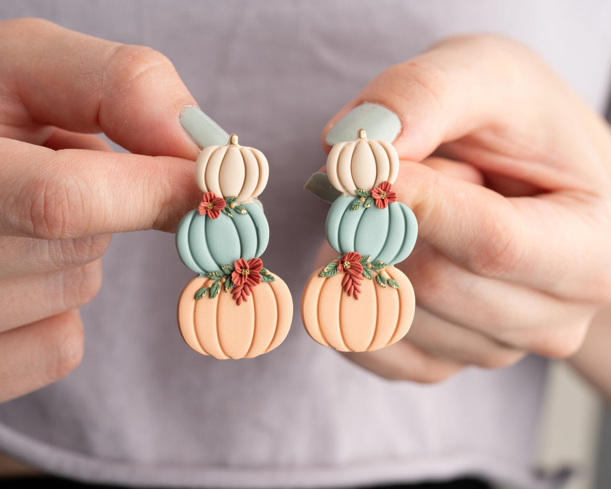 Stacked Pumpkin Stud Earrings with Flowers - Handmade polymer clay Autumn Jewelry