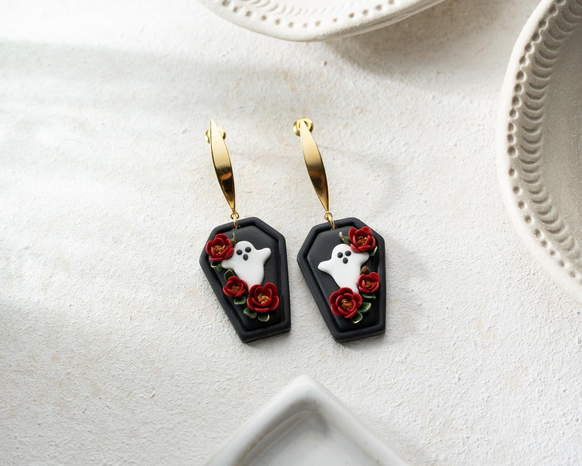 Floral Ghost Coffin Earrings , Handmade polymer clay Gothic Halloween spooky Jewelry