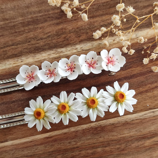 Daisy and Sakura Hair Clips,Botanical Hair Jewelry,Hair Accessories, Realistic White Flower Barrette