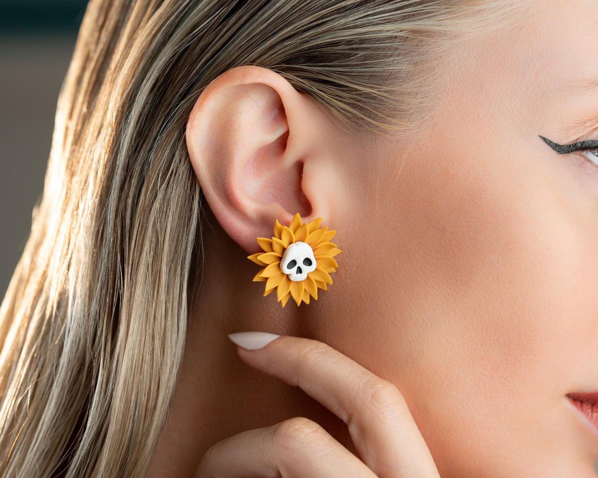 Sunflower Skull Earrings – Handmade Polymer Clay Halloween & Fall Jewelry