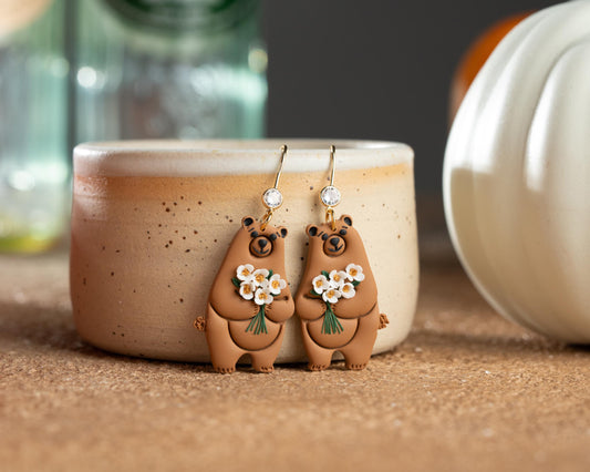 Bear Earrings with White Flowers - Handmade Polymer Clay Fall Jewelry