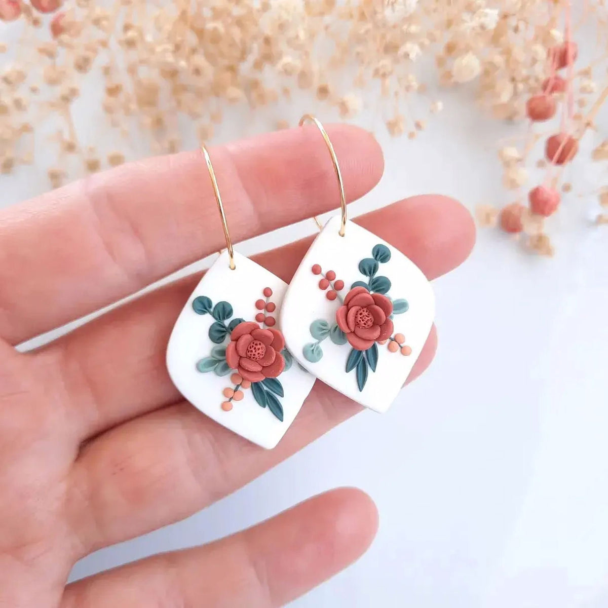 Handmade Polymer Clay Floral Earrings: 24k Gold Plated Hoops
