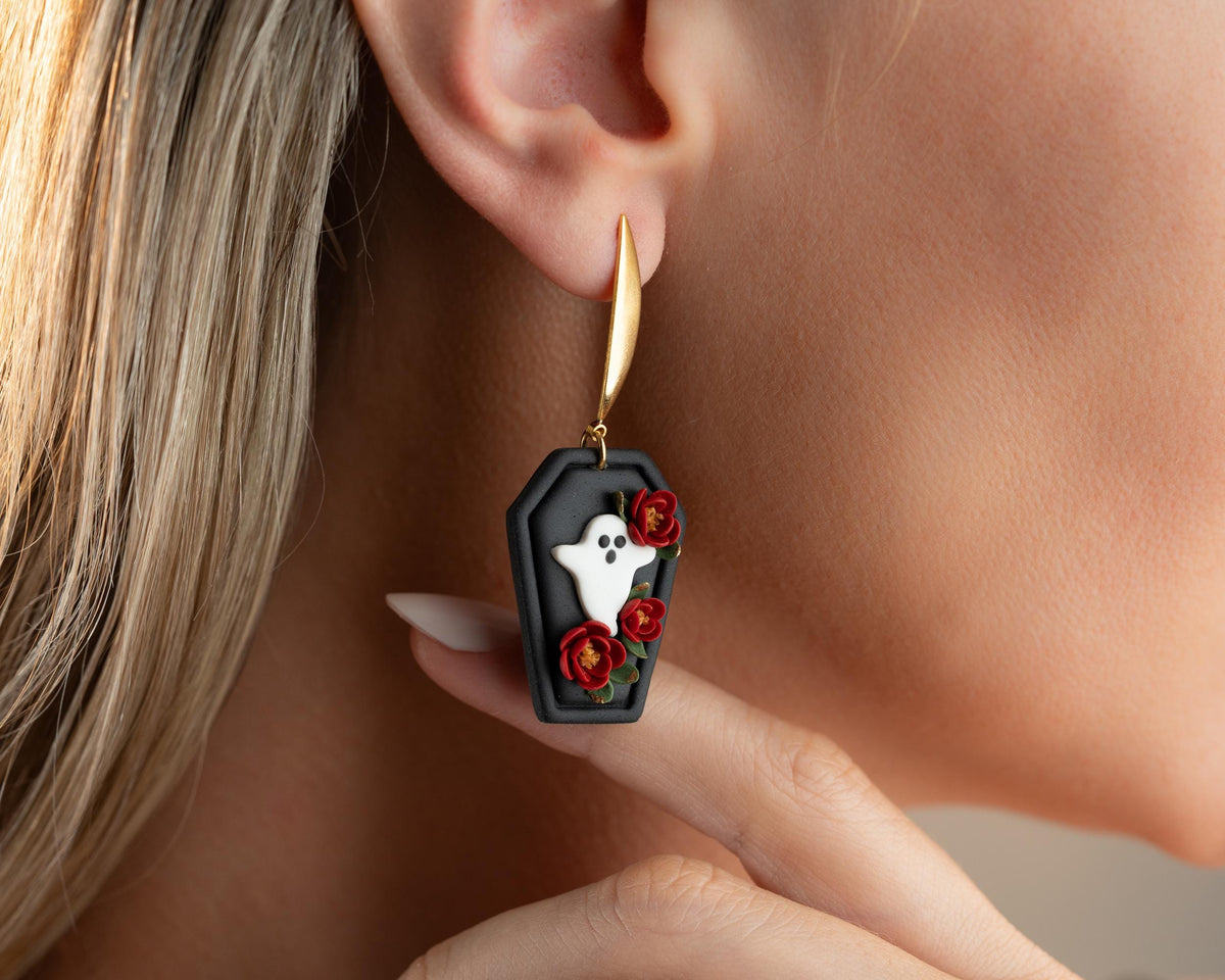 Floral Ghost Coffin Earrings , Handmade polymer clay Gothic Halloween spooky Jewelry