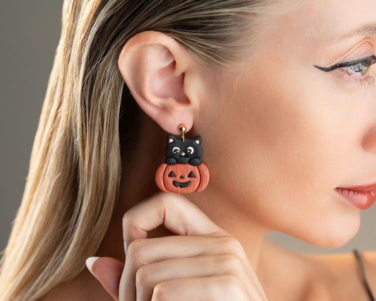 Black Cat in Pumpkin Earrings , Handmade Polymer Clay Halloween Jewelry , Cat lover gift