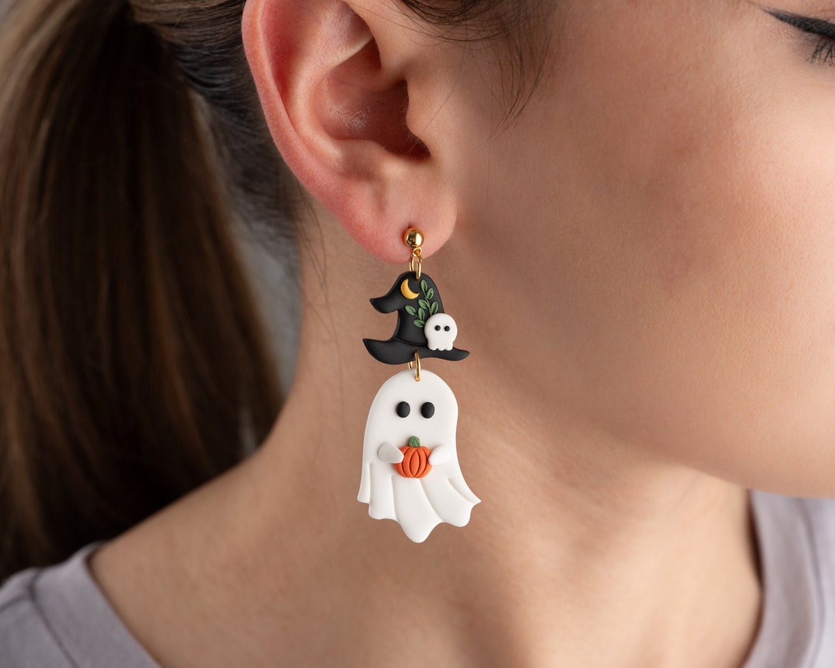 Ghost witch Earrings , Handmade Halloween earrings , Polymer clay spooky jewelry , whimsical Accessories