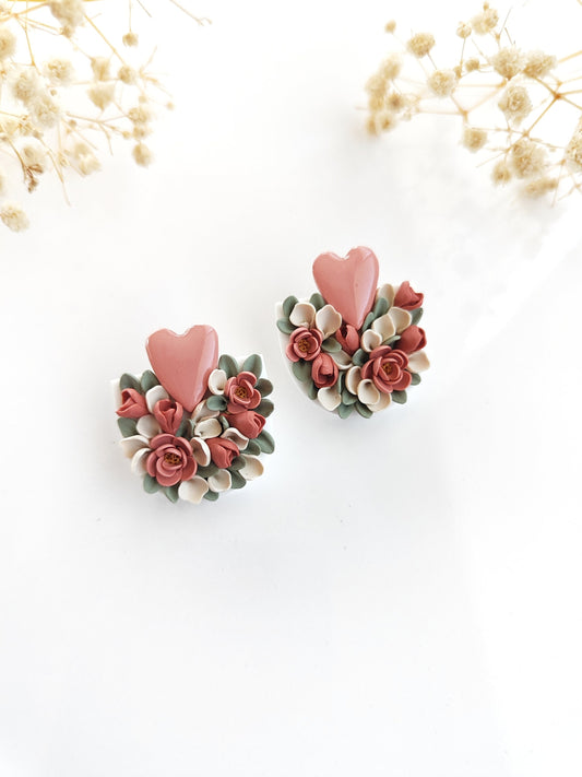 Unique floral polymer clay stud earrings with heart detail,handmade statement jewelry,cottagecore earrings,gift for her