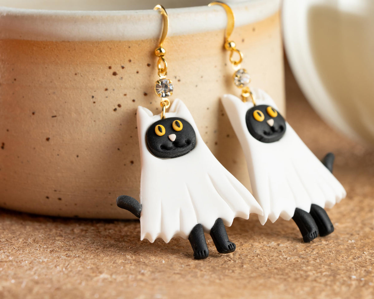 Ghost Cat Earrings , Handmade Polymer Clay Jewelry , Spooky Seasons Accessories