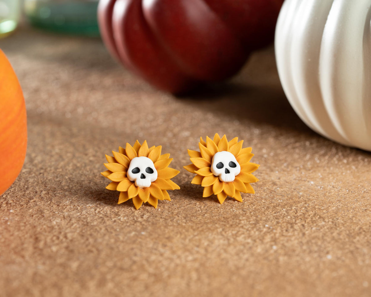 Sunflower Skull Earrings – Handmade Polymer Clay Halloween & Fall Jewelry