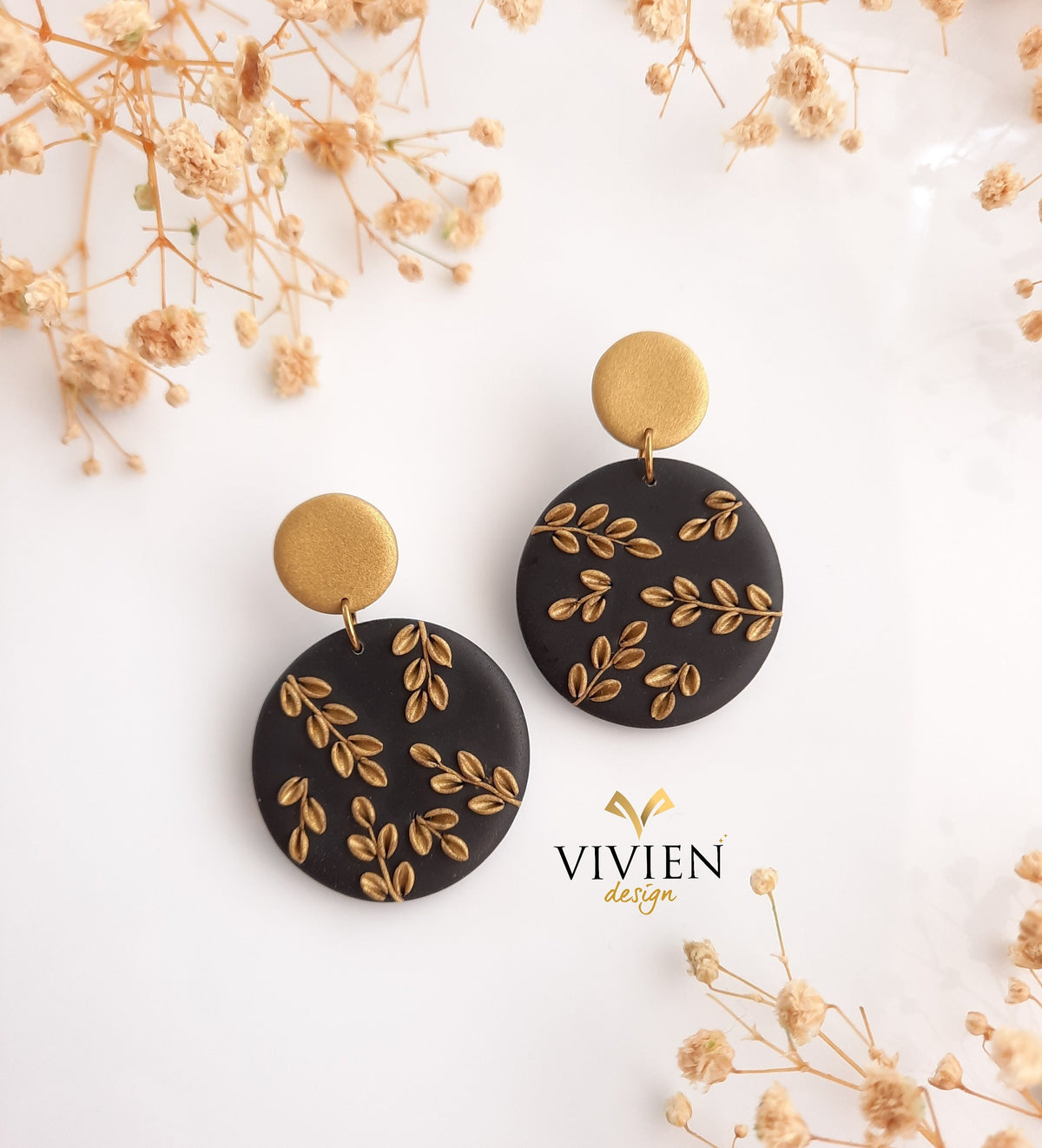 Floral Polymer Clay Earrings: Black & Antique Gold, Hypoallergenic