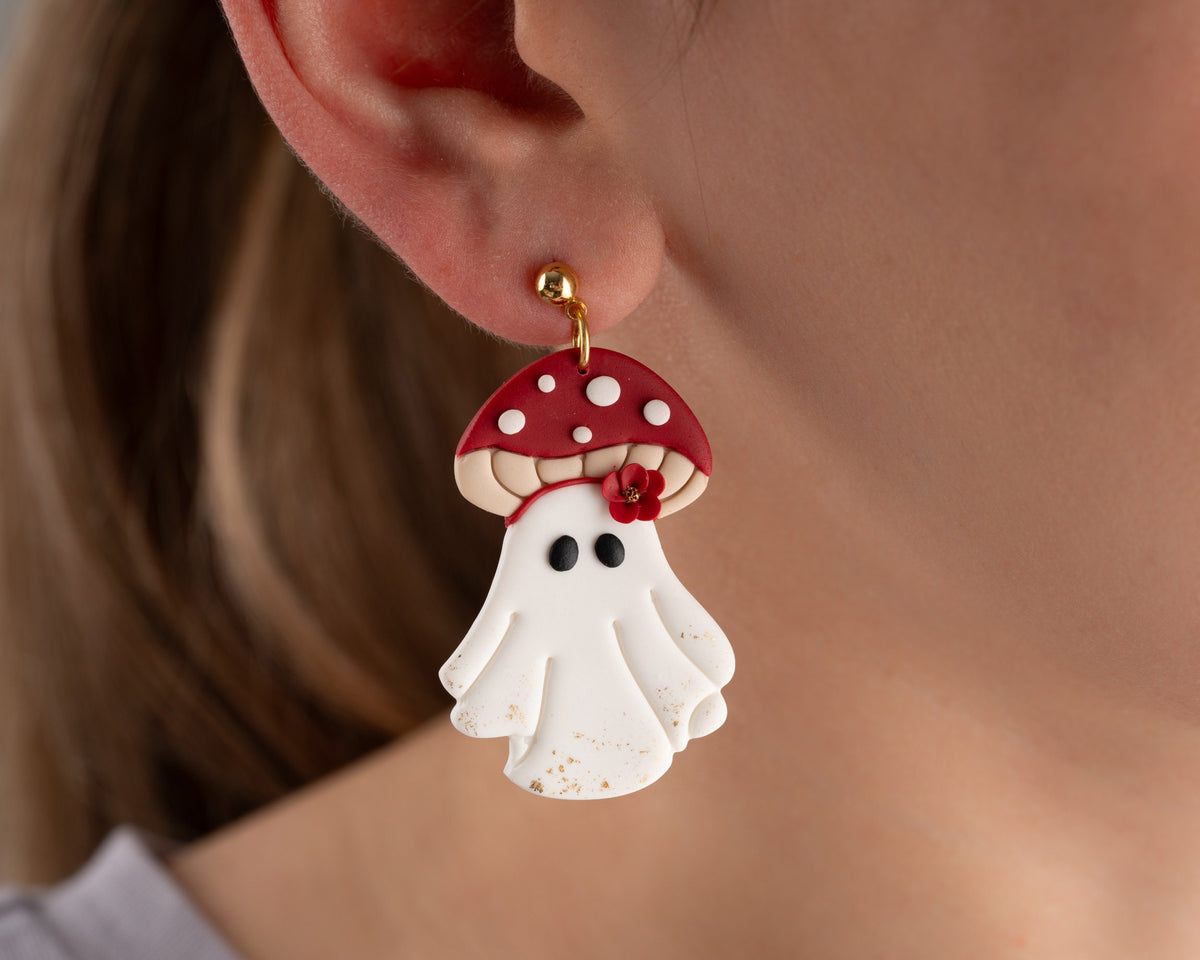 Mushroom Ghost Polymer Clay Earrings | Handmade Halloween Jewelry