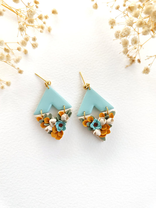 Floral polymer clay earrings,blue flower statement earrings,unique handmade jewerly gift