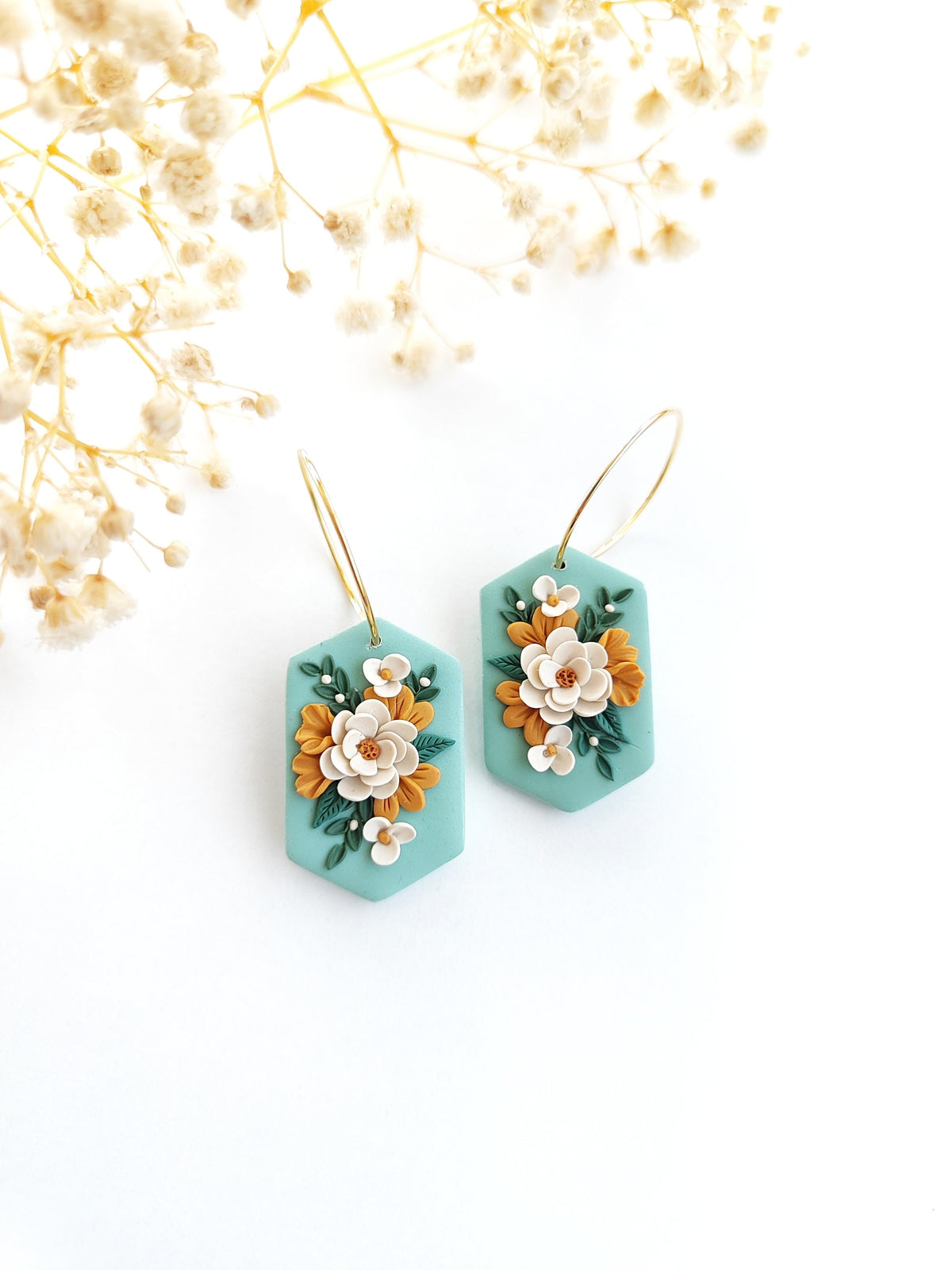 Handmade Floral Earrings , Mint Green 24K Gold Plated Hoops , Polymer Clay Jewelry