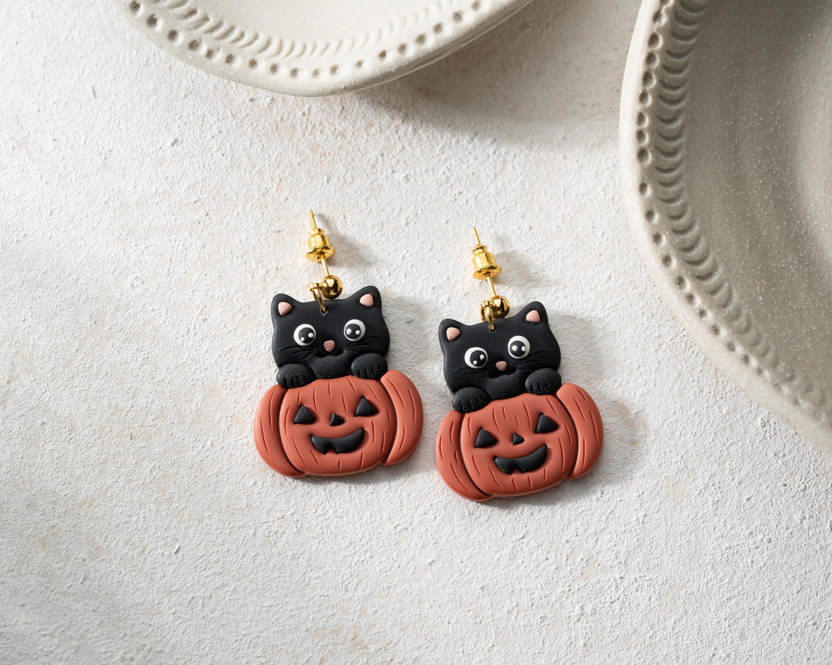 Black Cat in Pumpkin Earrings , Handmade Polymer Clay Halloween Jewelry , Cat lover gift