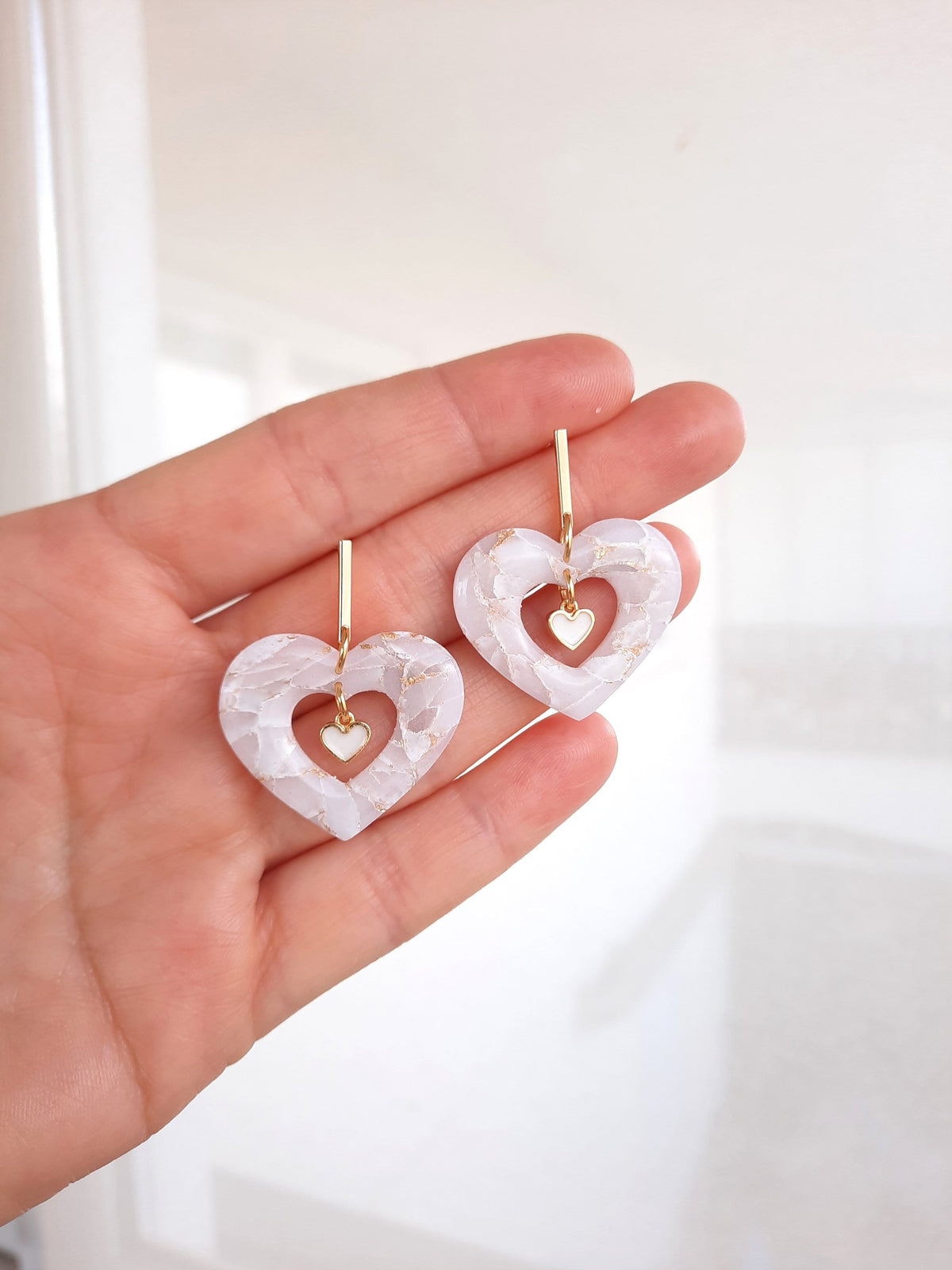 Handmade White Marble Heart Earrings: 24K Gold Plated Polymer Clay
