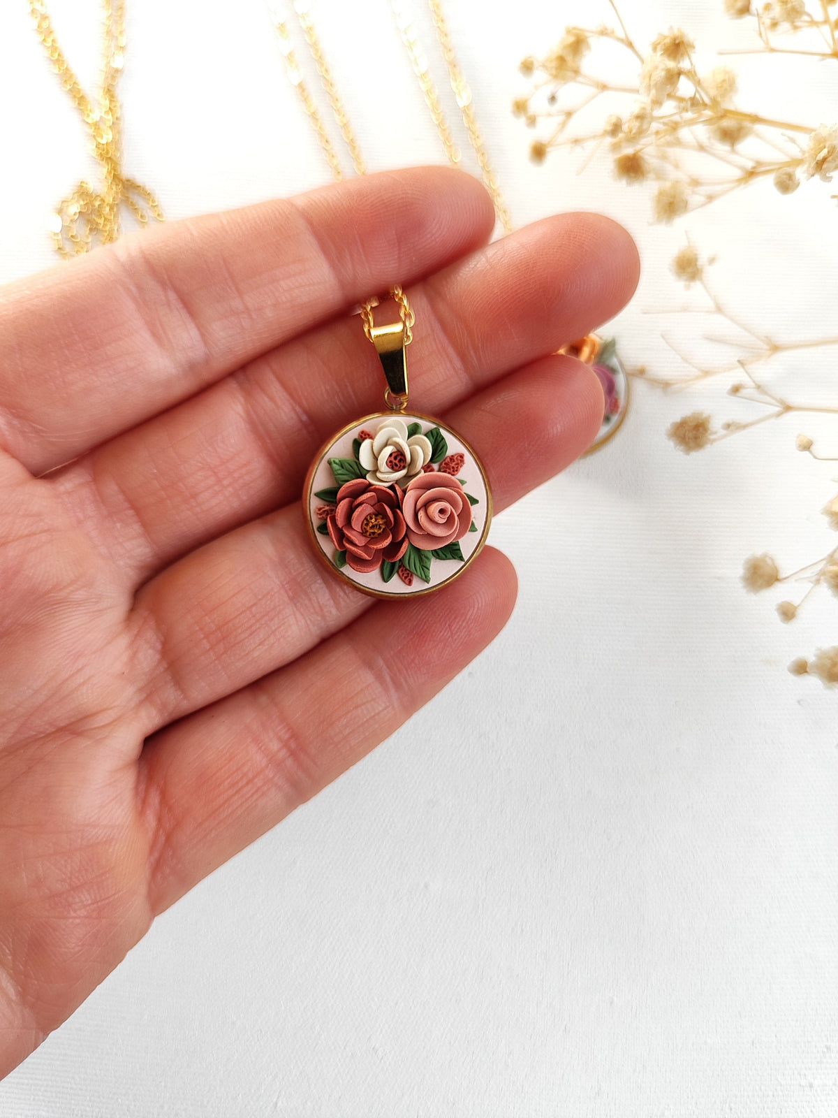 Floral bouquet necklace ,Mother's Day Gifts,Flower handmade jewelry,Gold plated necklace.Polymer clay Unique Necklace