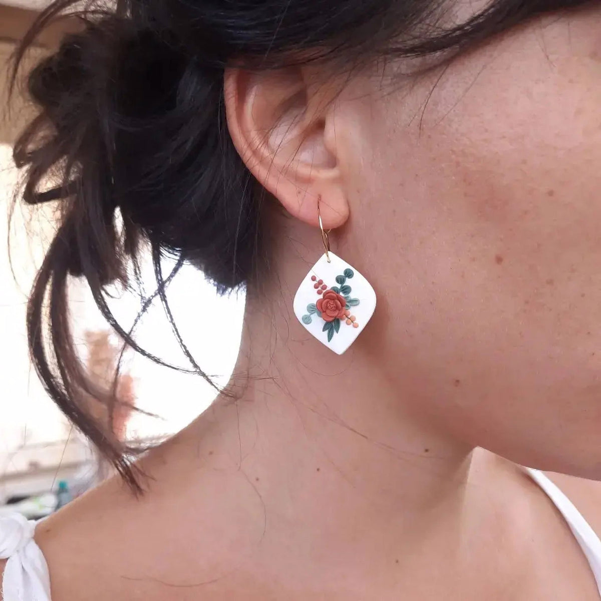 Handmade Polymer Clay Floral Earrings: 24k Gold Plated Hoops