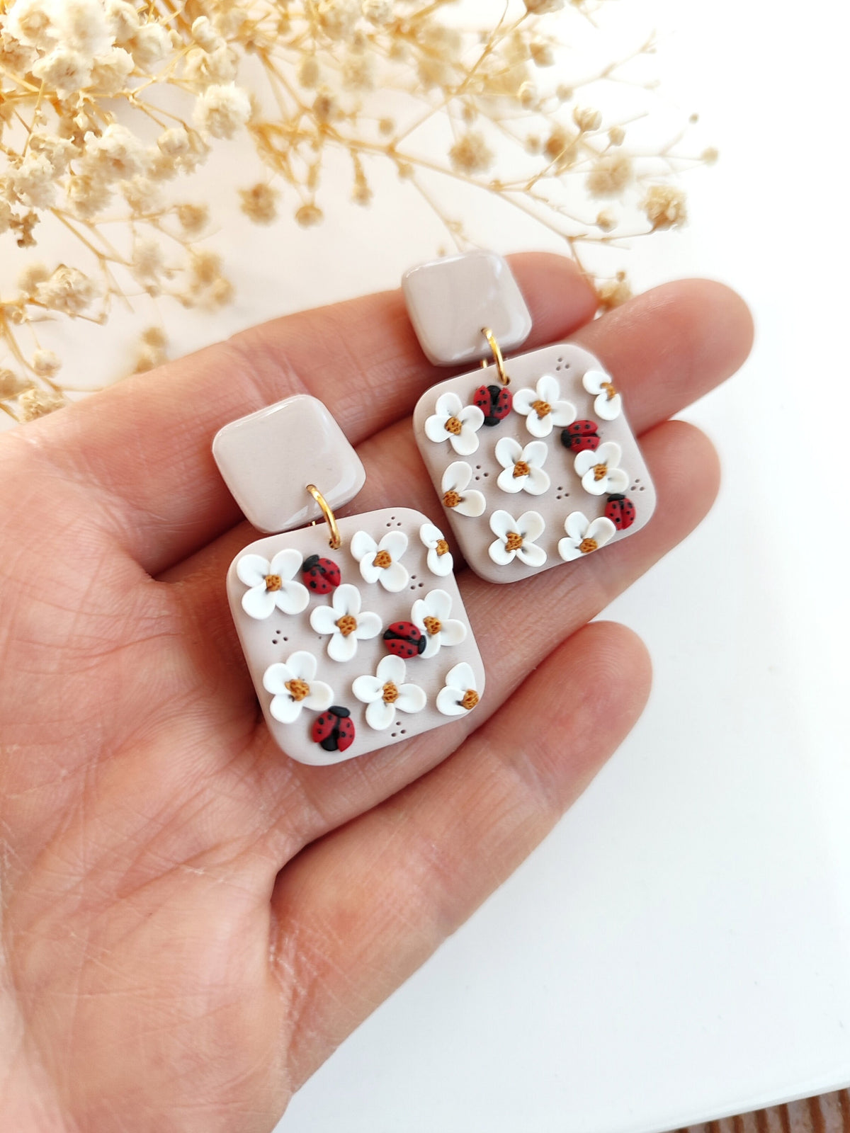 Ladybug and floral polymer clay earrings ,unique handmade earrings like spring,unique jewelry gift