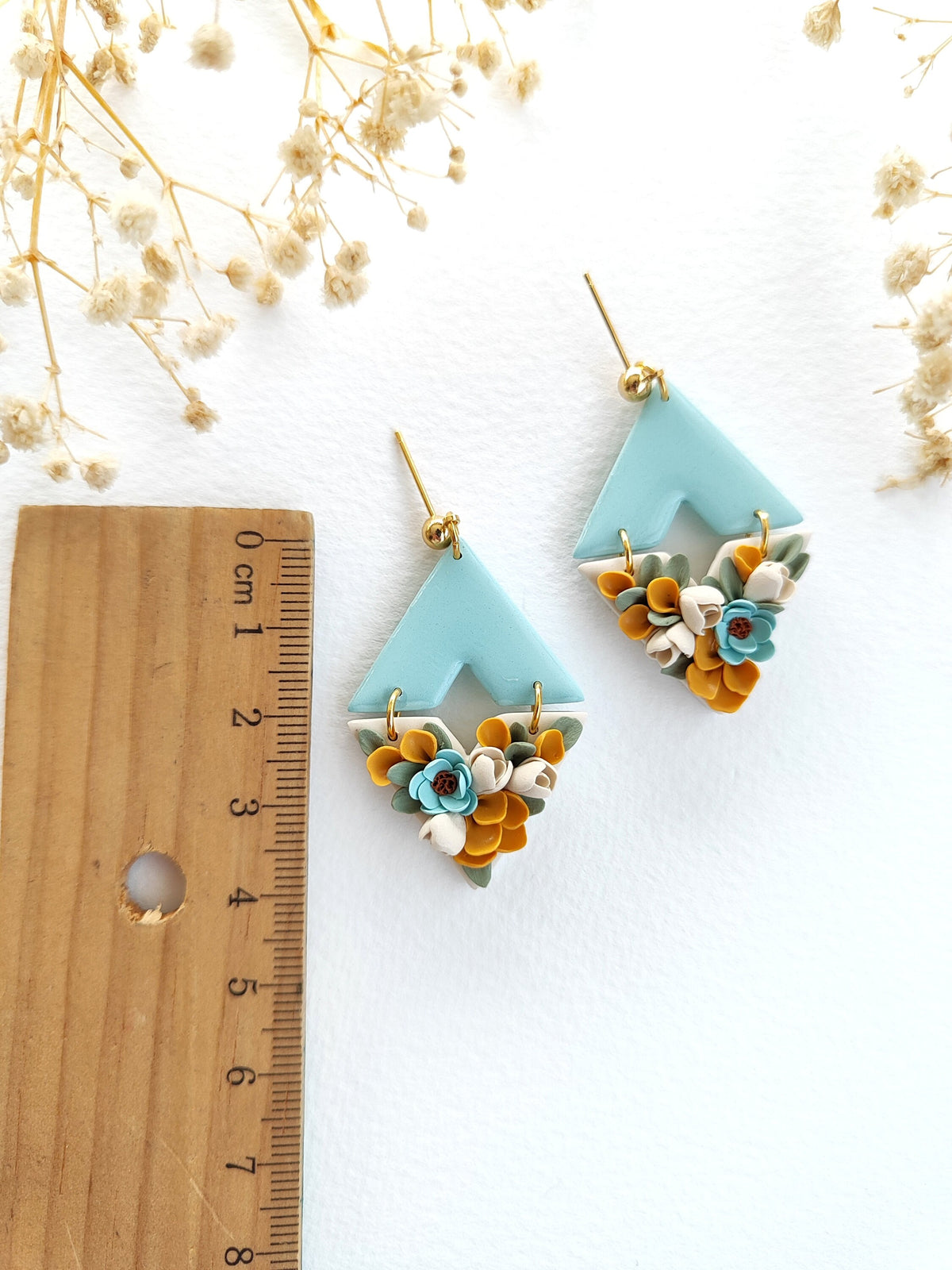 Floral polymer clay earrings,blue flower statement earrings,unique handmade jewerly gift
