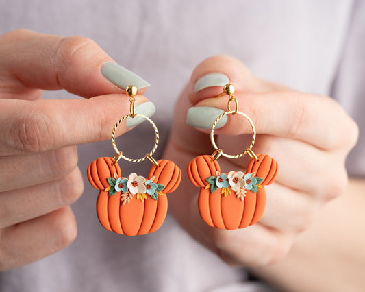 Floral Mickey Pumpkin earrings | Handmade Disney Halloween jewelry , whimsical Mouse Accessories