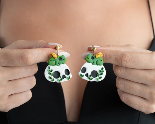 Skull Earrings with Bat Wing Frog and Leaf Details - Handmade Polymer Clay Halloween Jewelry