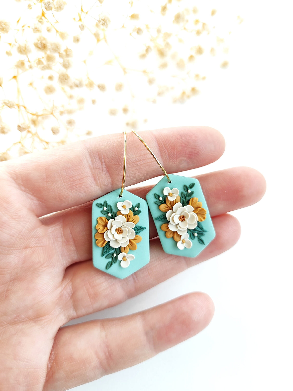 Handmade Floral Earrings , Mint Green 24K Gold Plated Hoops , Polymer Clay Jewelry