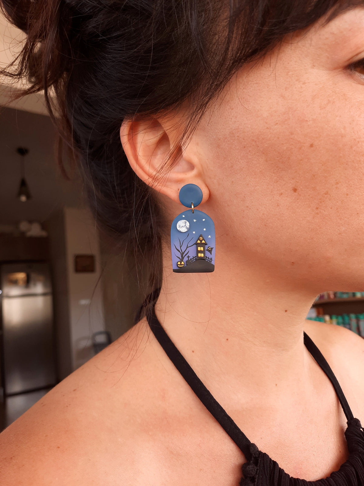 Haunted House Earrings , Handmade Polymer Clay Halloween Earrings , Spooky Night Jewelry ,Creepy Accessories