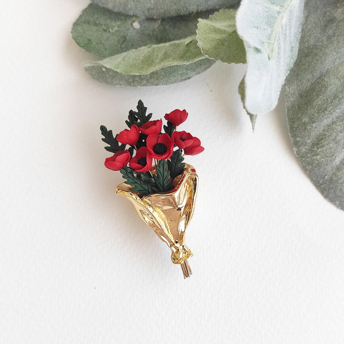Poppy Bouquet Brooch , Handmade Polymer Clay Flower Pin , Red Poppies in Gold Bouquet Wrap