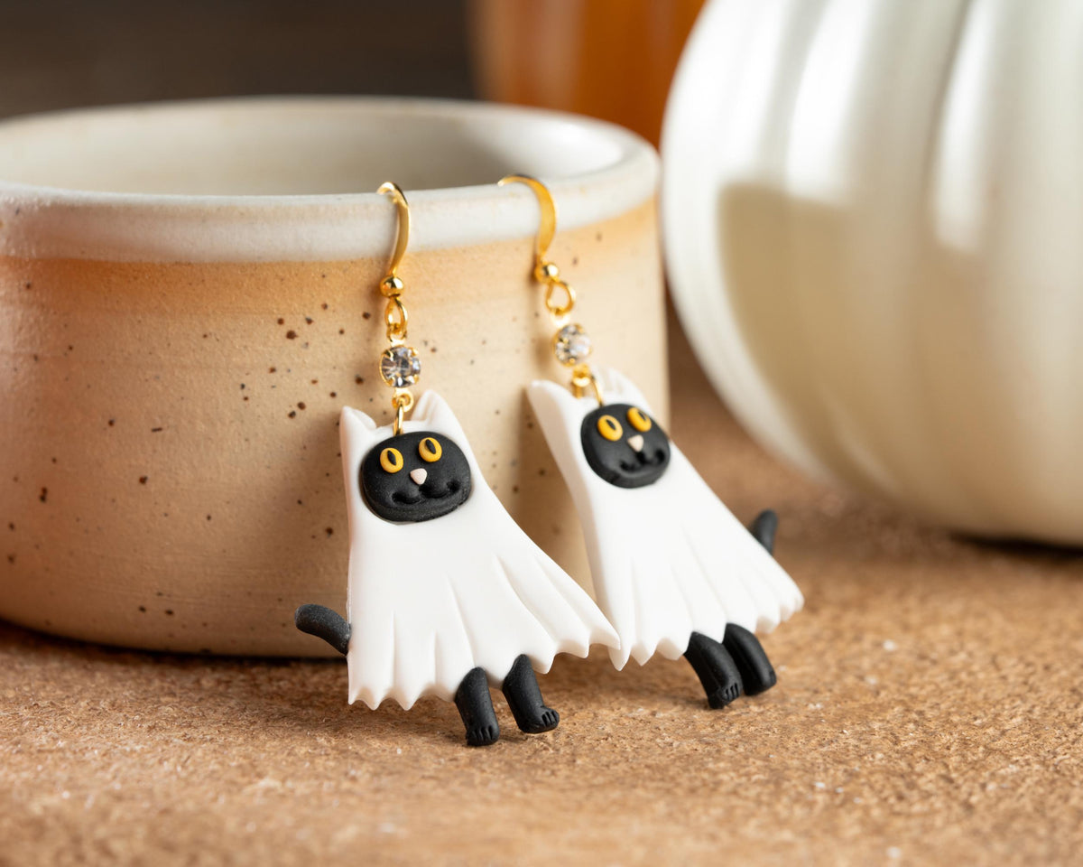 Ghost Cat Earrings , Handmade Polymer Clay Jewelry , Spooky Seasons Accessories
