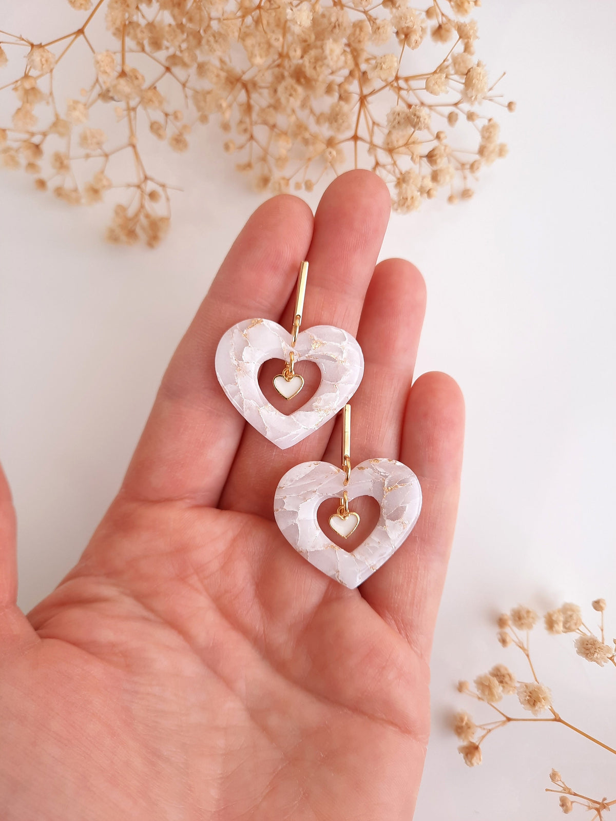 Handmade White Marble Heart Earrings: 24K Gold Plated Polymer Clay