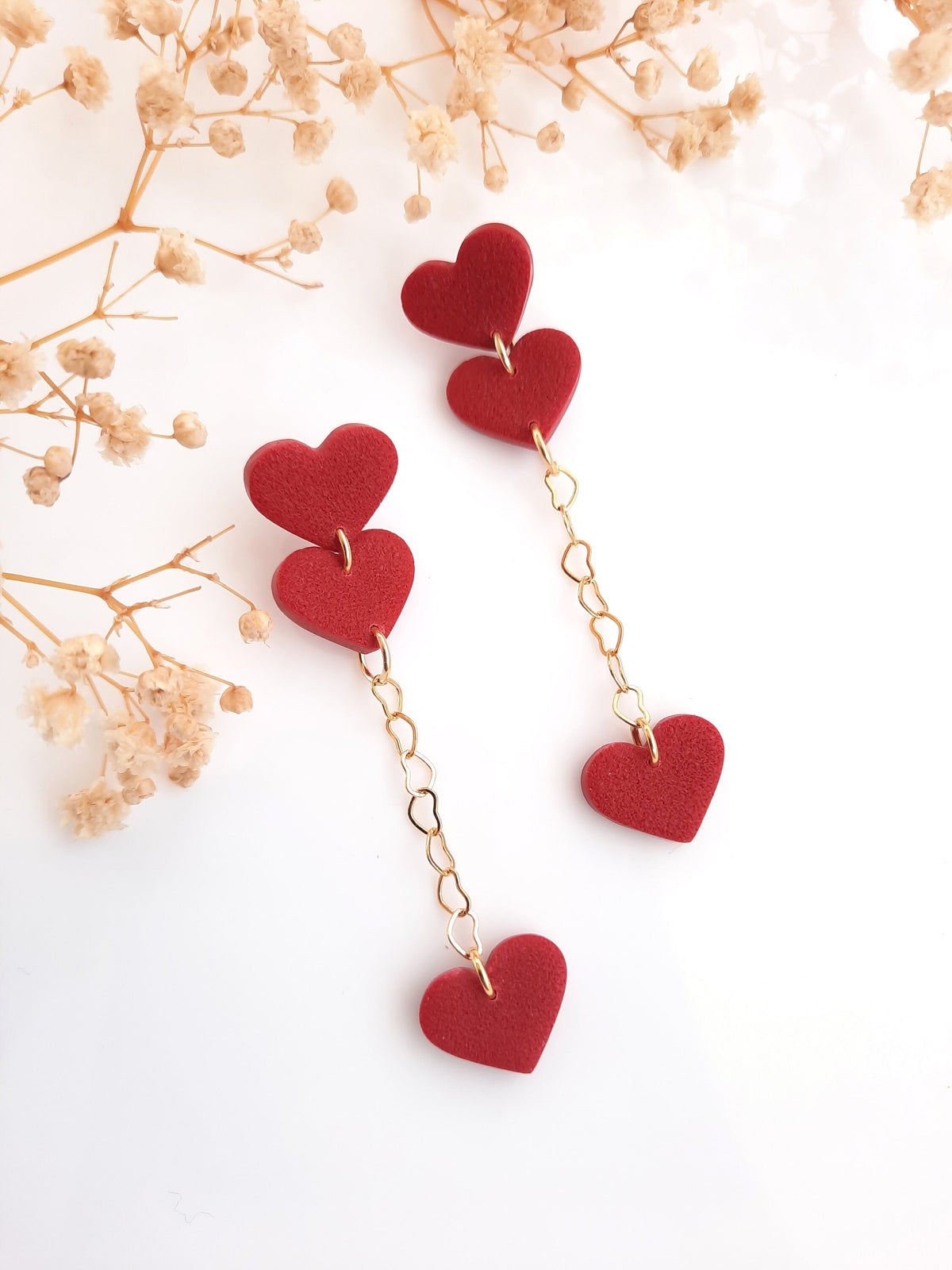 Red Heart Dangle Earrings: 24k Gold Plated Chain, Handmade Polymer Clay