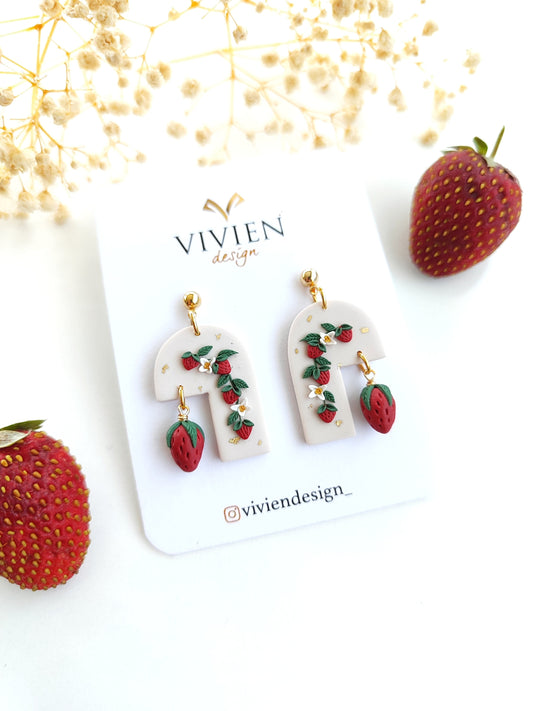 Handmade Strawberry Polymer Clay Dangle Earrings: 24k Gold Plated