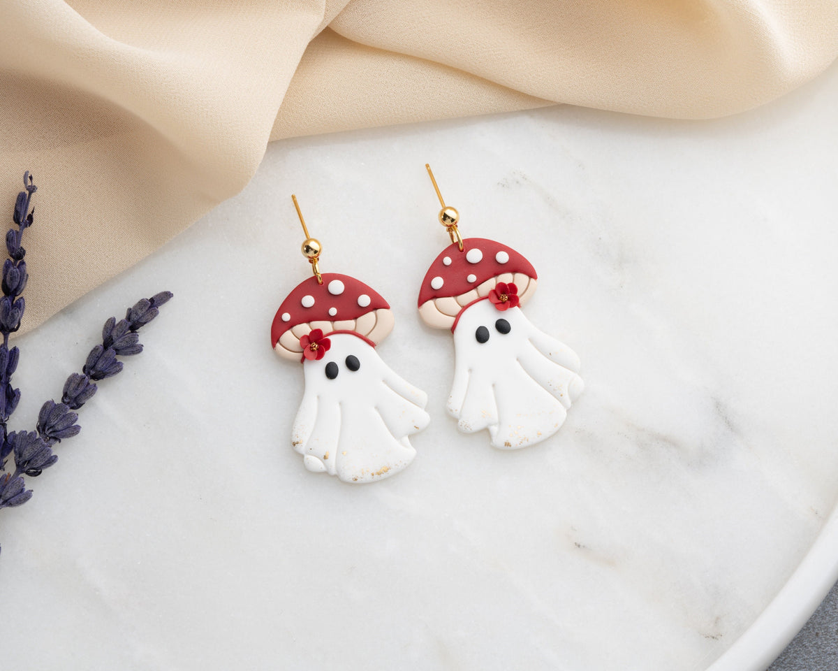 Mushroom Ghost Polymer Clay Earrings | Handmade Halloween Jewelry