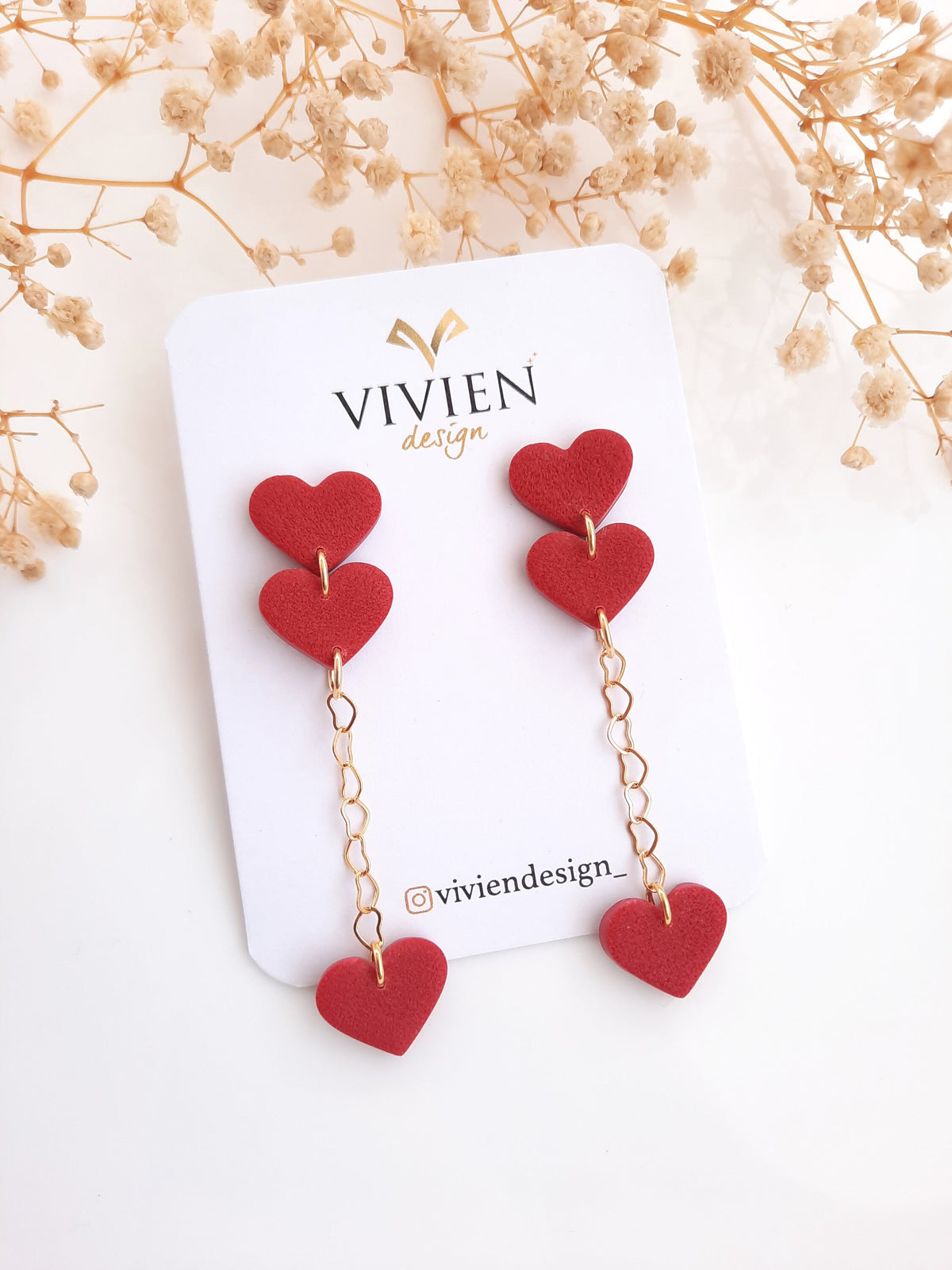 Red Heart Dangle Earrings: 24k Gold Plated Chain, Handmade Polymer Clay