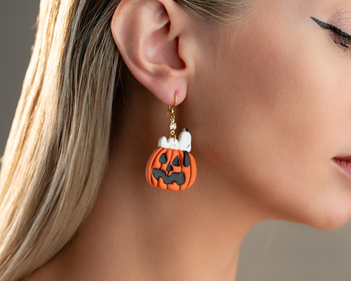 Snoopy Pumpkin Earrings , Peanuts Snoopy Halloween Jewelry , Spooky Polymer clay Accessories