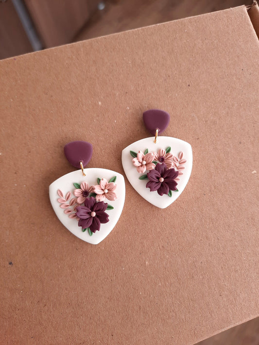 Dark Purple Flower Clay Earrings: Handmade Floral Jewelry