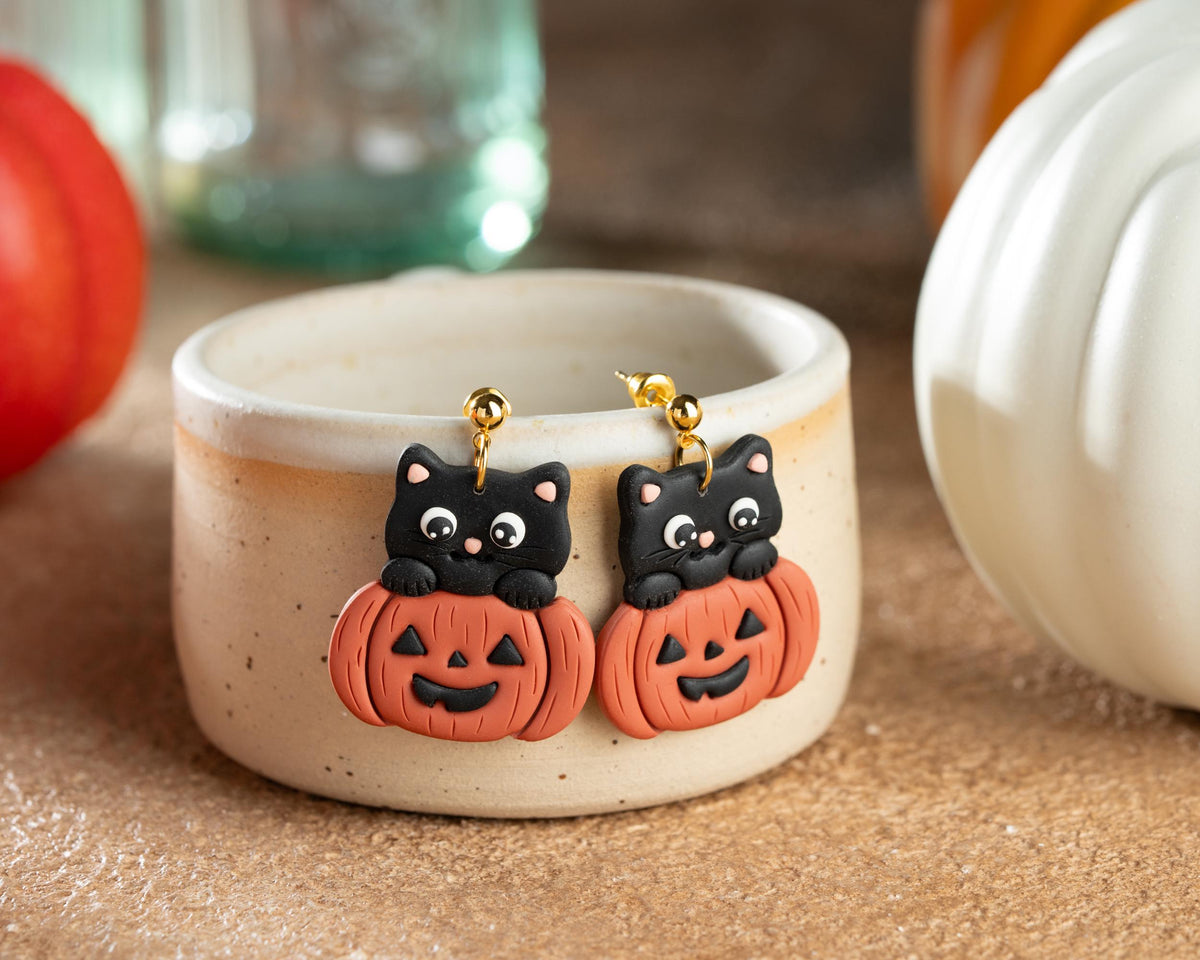 Black Cat in Pumpkin Earrings , Handmade Polymer Clay Halloween Jewelry , Cat lover gift
