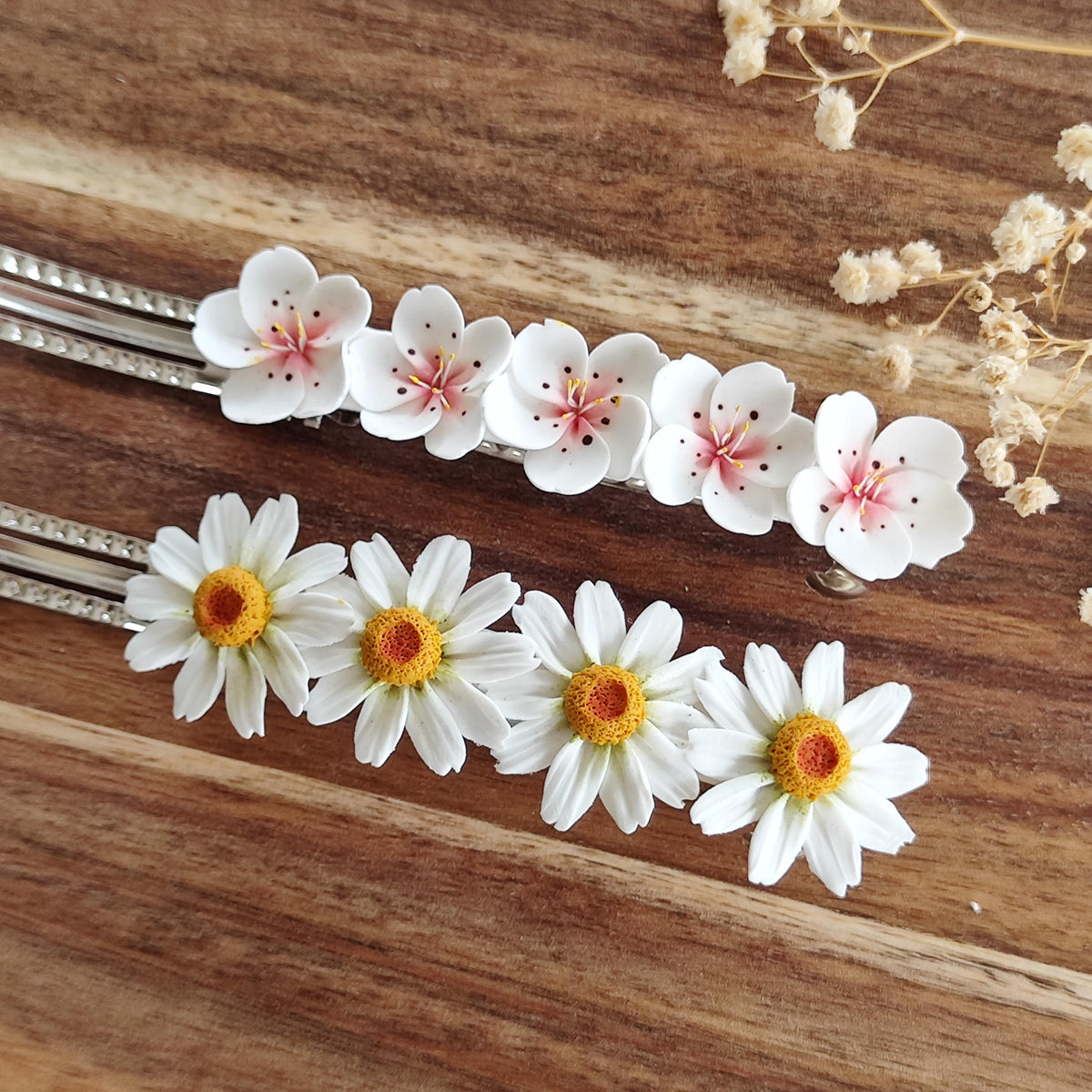 Daisy and Sakura Hair Clips,Botanical Hair Jewelry,Hair Accessories, Realistic White Flower Barrette