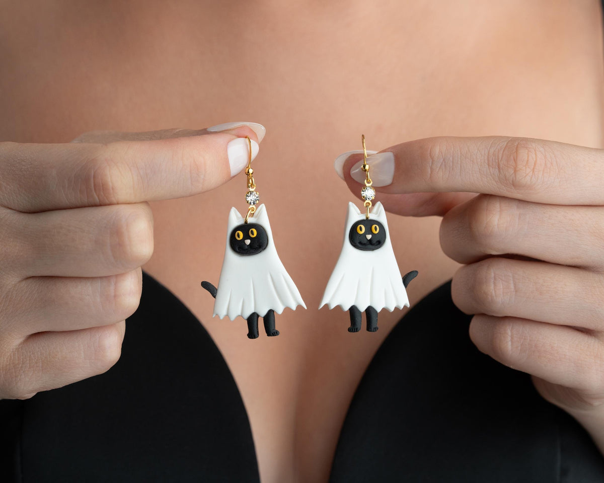 Ghost Cat Earrings , Handmade Polymer Clay Jewelry , Spooky Seasons Accessories