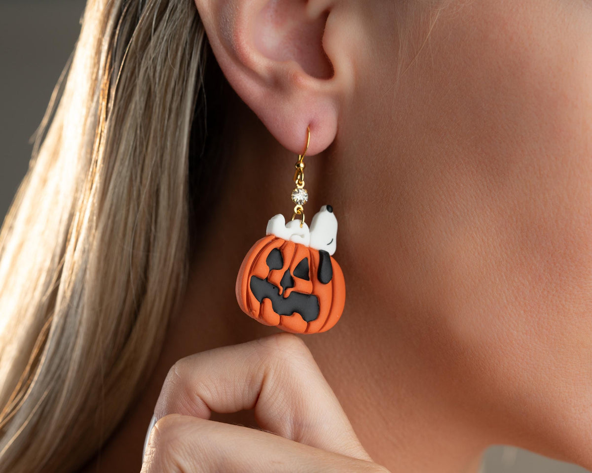 Snoopy Pumpkin Earrings , Peanuts Snoopy Halloween Jewelry , Spooky Polymer clay Accessories