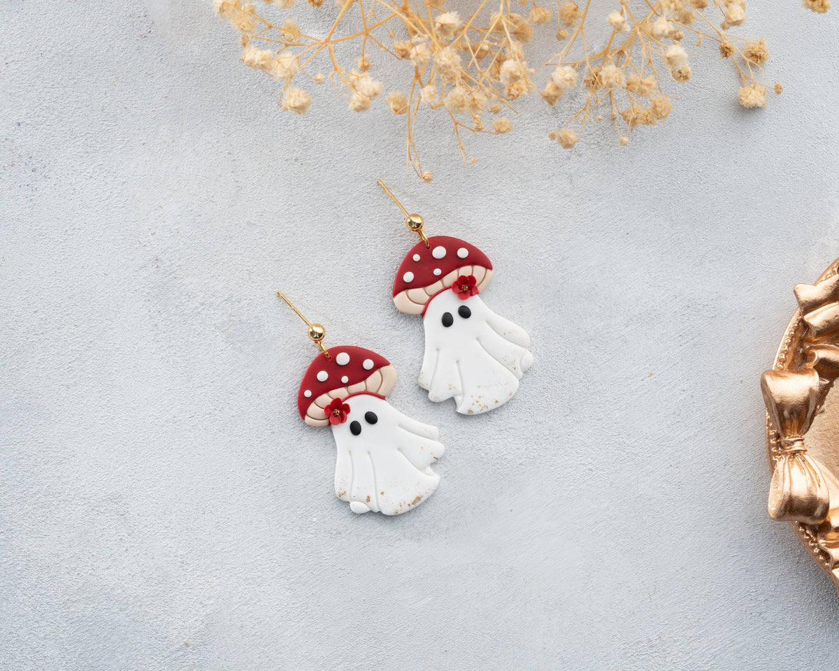 Mushroom Ghost Polymer Clay Earrings | Handmade Halloween Jewelry