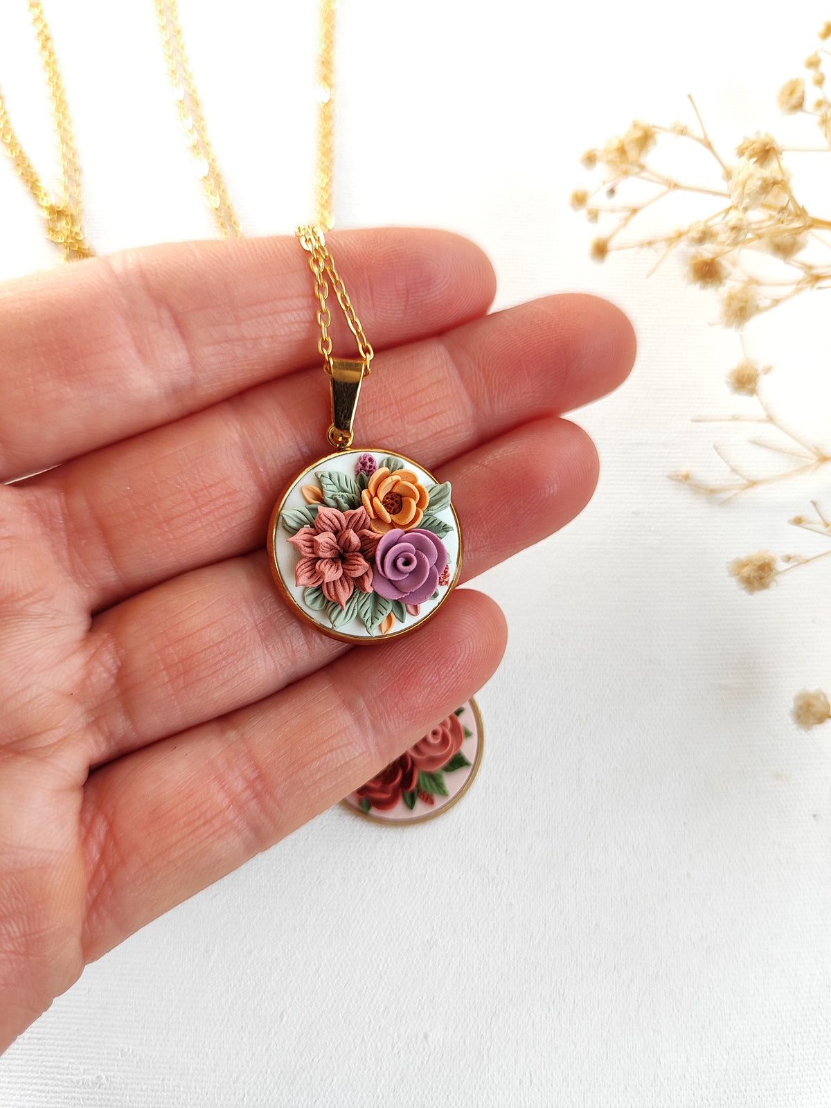 Floral bouquet necklace ,Mother's Day Gifts,Flower handmade jewelry,Gold plated necklace.Polymer clay Unique Necklace